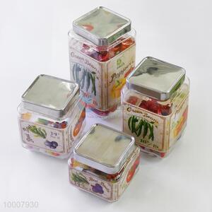 4PCS Glass Decorated Square Seal Pot/Bottle With Stainless Steel Cover