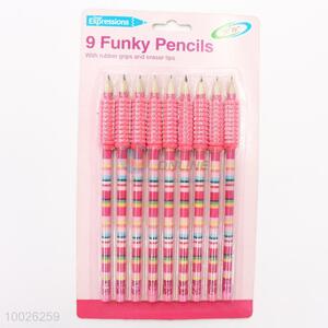 9 Funky Pencils with Rubber Grips and Eraser Tips