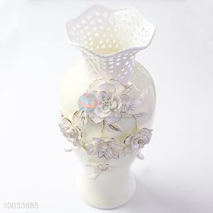 18*39cm Pretty Hollow Bottleneck Handmade Ceramic Crafts Vase with Three-dimensional Flowers Pattern