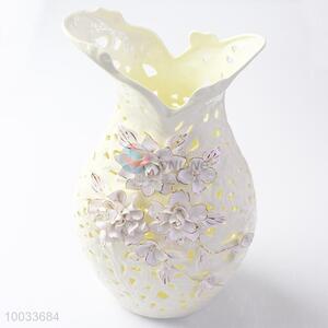 21*15*39cm New Design Hollow Beige Handmade Ceramic Crafts Vase with Three-dimensional Flowers Pattern