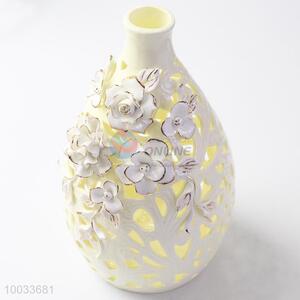 16*30cm New Design Hollow Beige Handmade Ceramic Crafts Vase with Three-dimensional Flowers Pattern