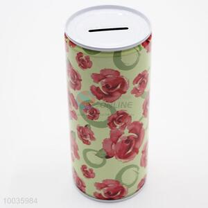 Green Kids Iron Money Box Shaped in cylinder with Red Flowers Pattern