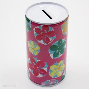 Pink Kids Iron Money Box Shaped in cylinder with Colorful Flowers Pattern