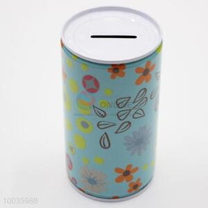 Blue Kids Iron Money Box Shaped in cylinder with Colorful Flowers Pattern