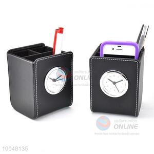 Factory wholesale faux leather brush pot/pen container with clock
