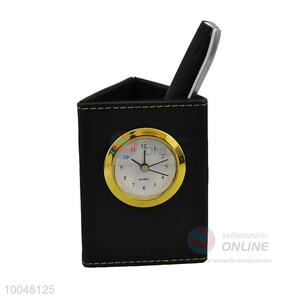 Creative deigns pu leather pen container with clock