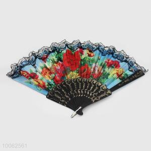 Cheap Colorful Flowers Plastic&Dacron Chinese Style Hand Fan