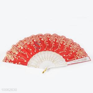 Red Plastic&Dacron Chinese Style Hand Fan