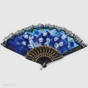 Cheap Blue Plastic&Dacron Chinese Style Hand Fan