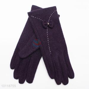 Dark Purple Wool Gloves with Cute Bowknot
