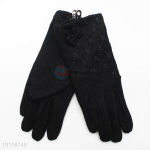Women Balck Lace Check Pattern Wool Gloves with Bowknot