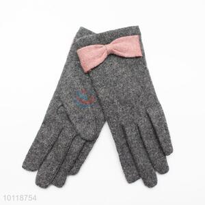 Dark Gary Wool Gloves with Pink Bowknot