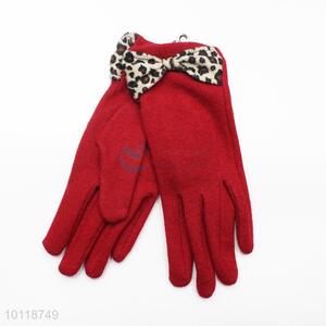 Women Red Wool Gloves with Leopard Bowknot