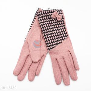 Pink Plaid Pattern Wool Gloves with Bowknot