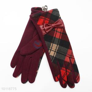 Wine Red Plaid Pattern Wool Gloves with Bowknot