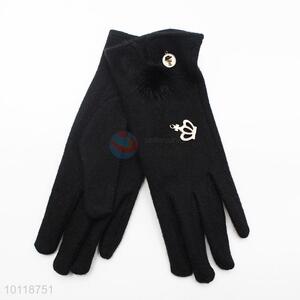 Fashion Black Wool Gloves with Hairball