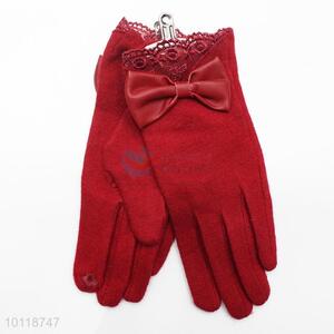 Women Red Lace Wool Gloves with Bowknot