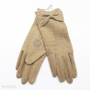 Khaki Winter Wool Gloves with Bowknot