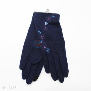 Dark Blue Flower Pattern Cashmere Gloves