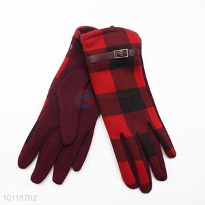 Women Fashion Red Check Pattern Wool Gloves