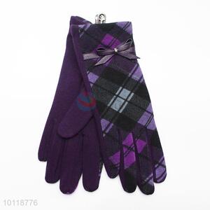 Purple Plaid Pattern Wool Gloves with Bowknot