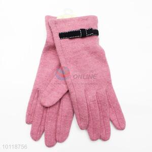 Pink Wool Gloves with Black Bowknot