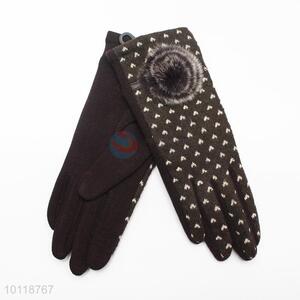 Fashion Brown Wool Gloves with Cony Hair Ball Decoration