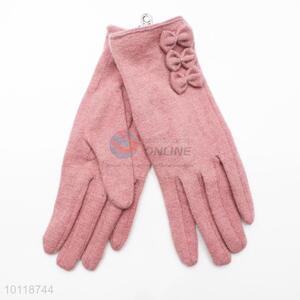 Gentlewomanly Pink Winter Wool Gloves with Bowknot