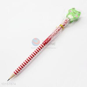 Office School Supplies Red Stripe Pattern Pencil with Cartoon Frog Shaped Eraser