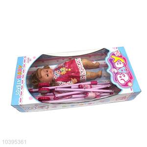 16cun Promotional baby girl doll with iron baby stroller