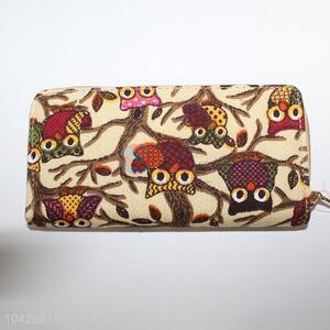 Owl Pattern Canvas Long Zipper Women Wallet