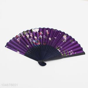 Purple Color Flower Pattern Bamboo Folding Hand Fan