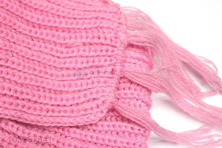Top selling winter lady pink color knitted scarf and hat set with flower decorations