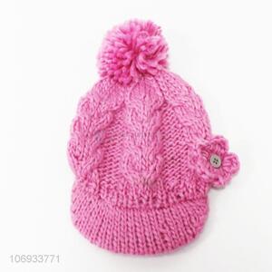 New products exquisite children acrylic knitting flower hat with pom pom