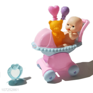 Best Sale Vinyl Doll With Cart Toy Set Pretend Play Toy Baby Trolley