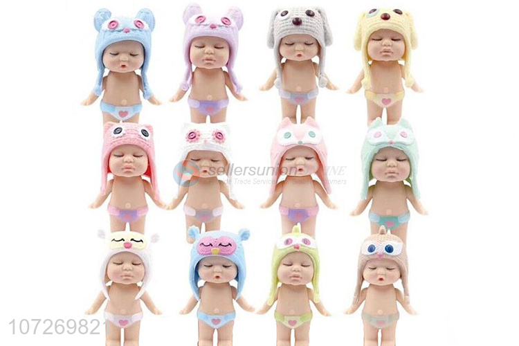 Reasonable price cute vinyl toys 3.5 inch sleeping baby doll with cap