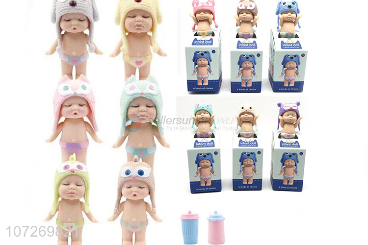 Reasonable price cute vinyl toys 3.5 inch sleeping baby doll with cap