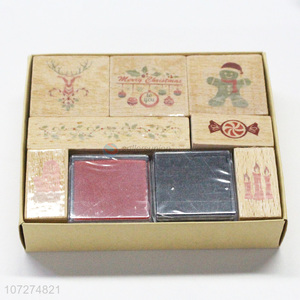 Hot sale children Christmas toy wooden stamp set with ink pad