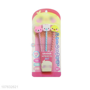 Best Selling 3 Pieces Students Pencils With Cartoon Eraser Set