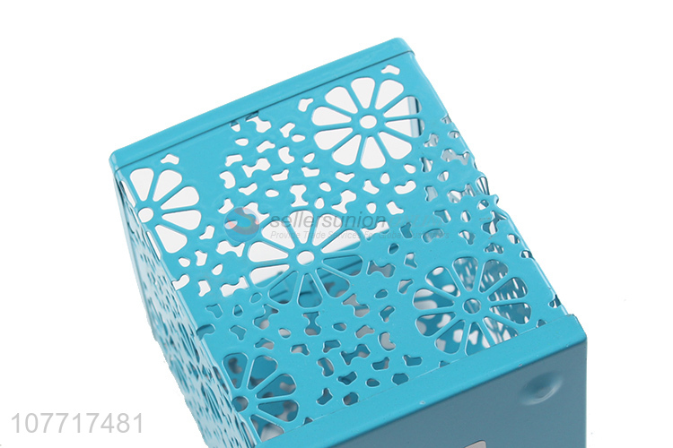 New arrival blue wrought iron snowflake square pen holder