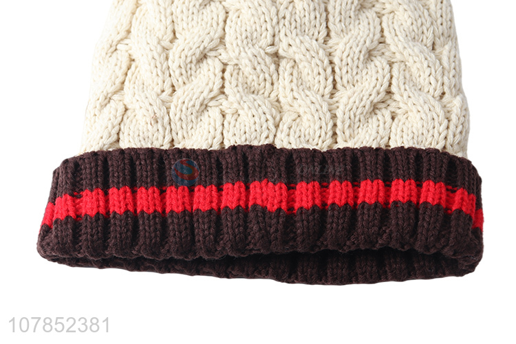 Hot selling women winter knitted striped beanies with fleece lining