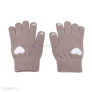 Cute Design Heart Pattern Ladies Winter Warm Gloves Soft Five Finger Glove