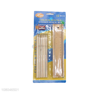 New product student stationery set wooden colored pencil set with ruler