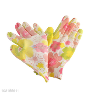 Hot selling flower printed pu coated garden work gloves