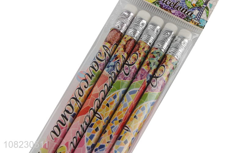 Fashion Style 5 Pieces Students Pencil Writing Pencil With Eraser