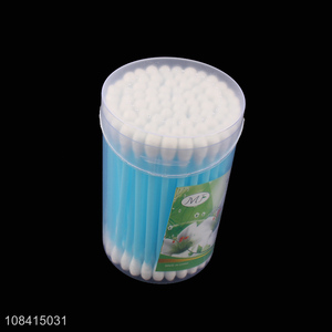 Customized 200 pieces plastic stick cotton buds with round plastic storage box
