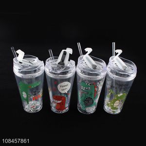 Wholesale plastic cartoon dinosaur double walls water tumbler with straw
