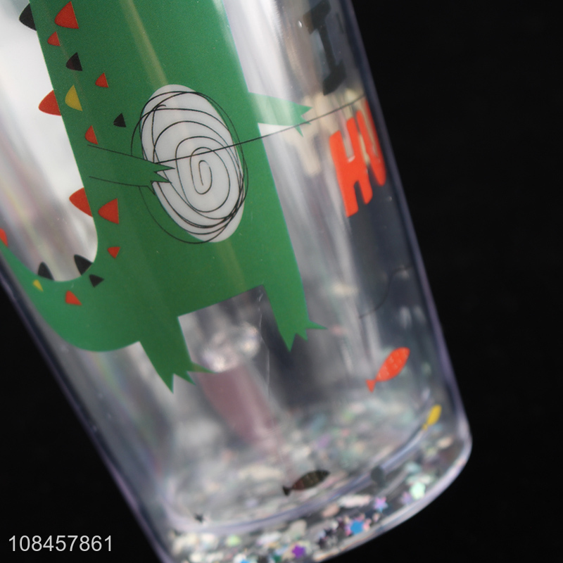 Wholesale plastic cartoon dinosaur double walls water tumbler with straw