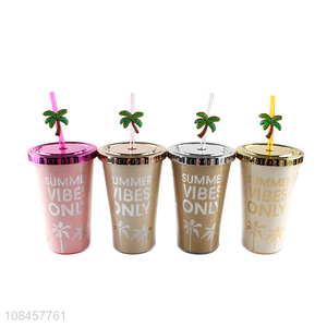 Hot selling plastic mugs water tumbler with straw & electroplated lid