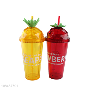 Wholesale cute fruit design plastic mugs water tumblers with drinking straw